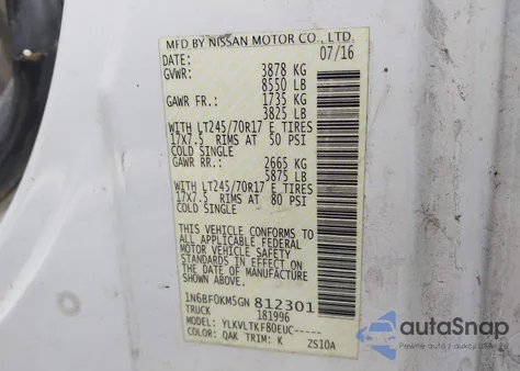 2016 Nissan Nv Cargo Nv1500 Sv V6 z USA, uszkodzony, nr VIN 1N6BF0KM5GN812301